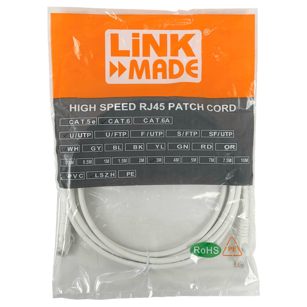 CP6W-30L LINKMADE Cable de conexión Cat6 U/UTP multifilar de 3 metros, color blanco, con cubierta LSZH e inyectado