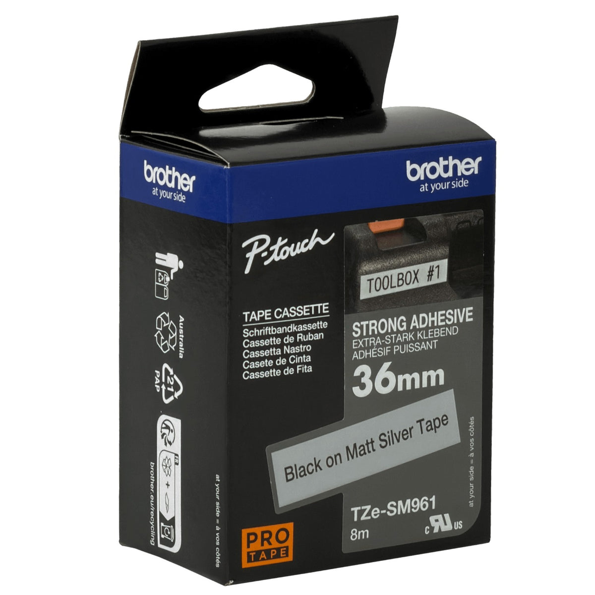 TZE-SM961 BROTHER Cinta laminada 36mm negro sobre plateado mate 8 metros para PT-P900W PT-9700PC