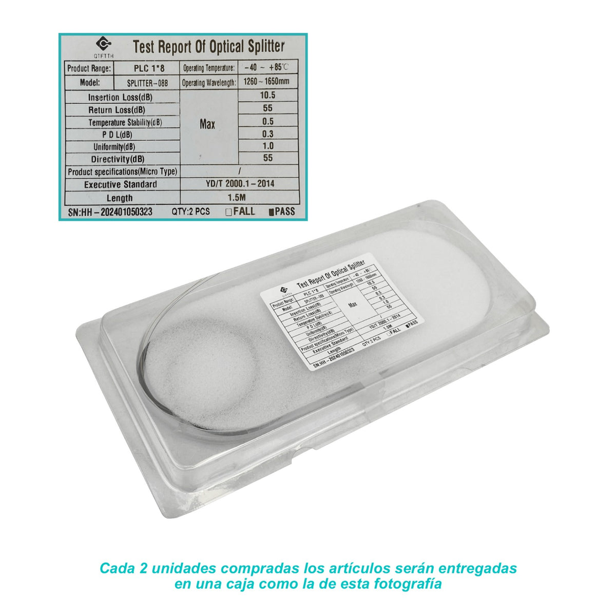 SPLITTER-08B 1x8 sin-Conectores Divisor p/EPON/GPON 1,5m req-Fusion 1260-1650mm