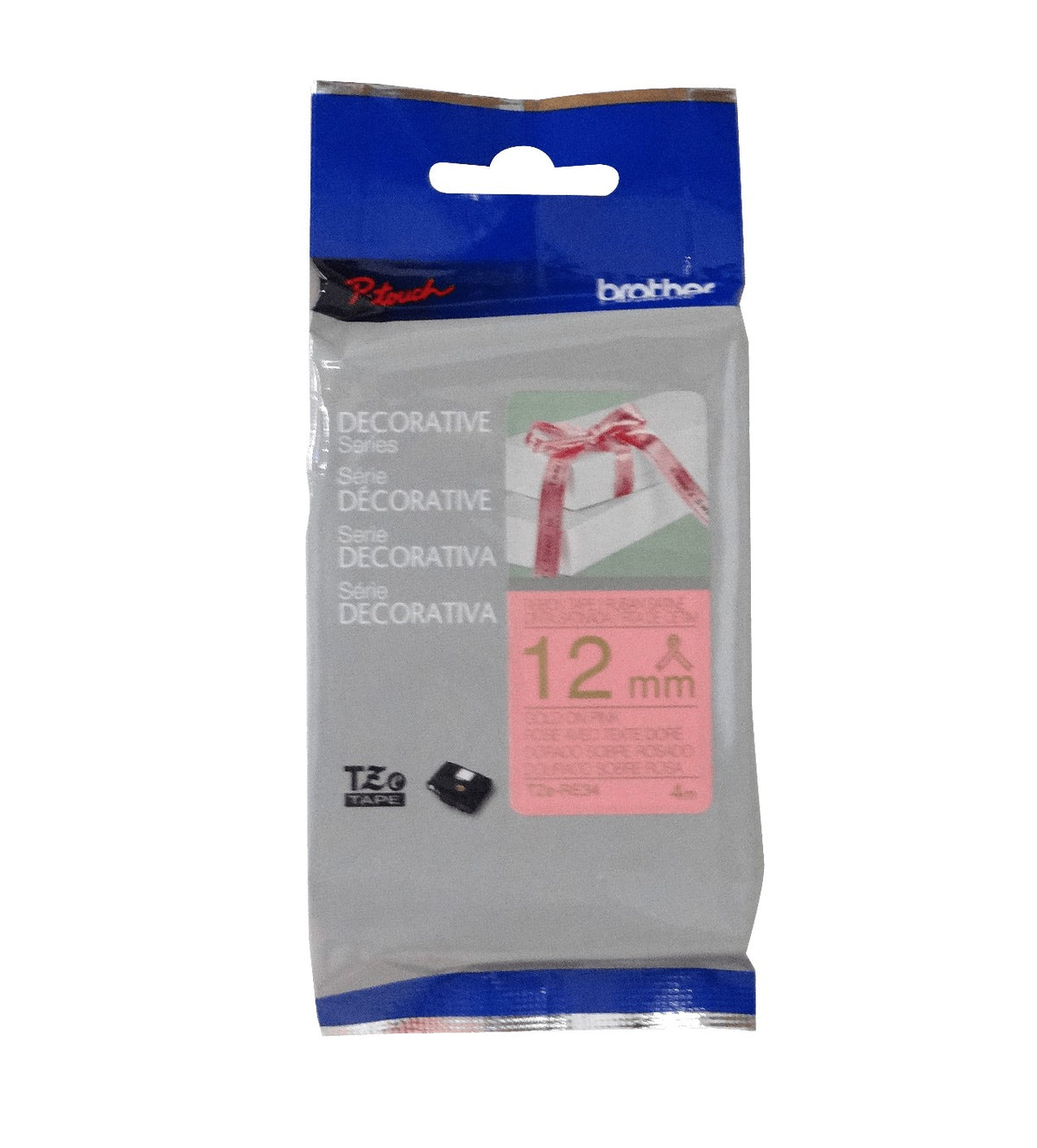 TZE-RE34 BROTHER Satín 12mm Dorado sobre Fondo Rosado Cinta 4mt para-PT-H110/H200