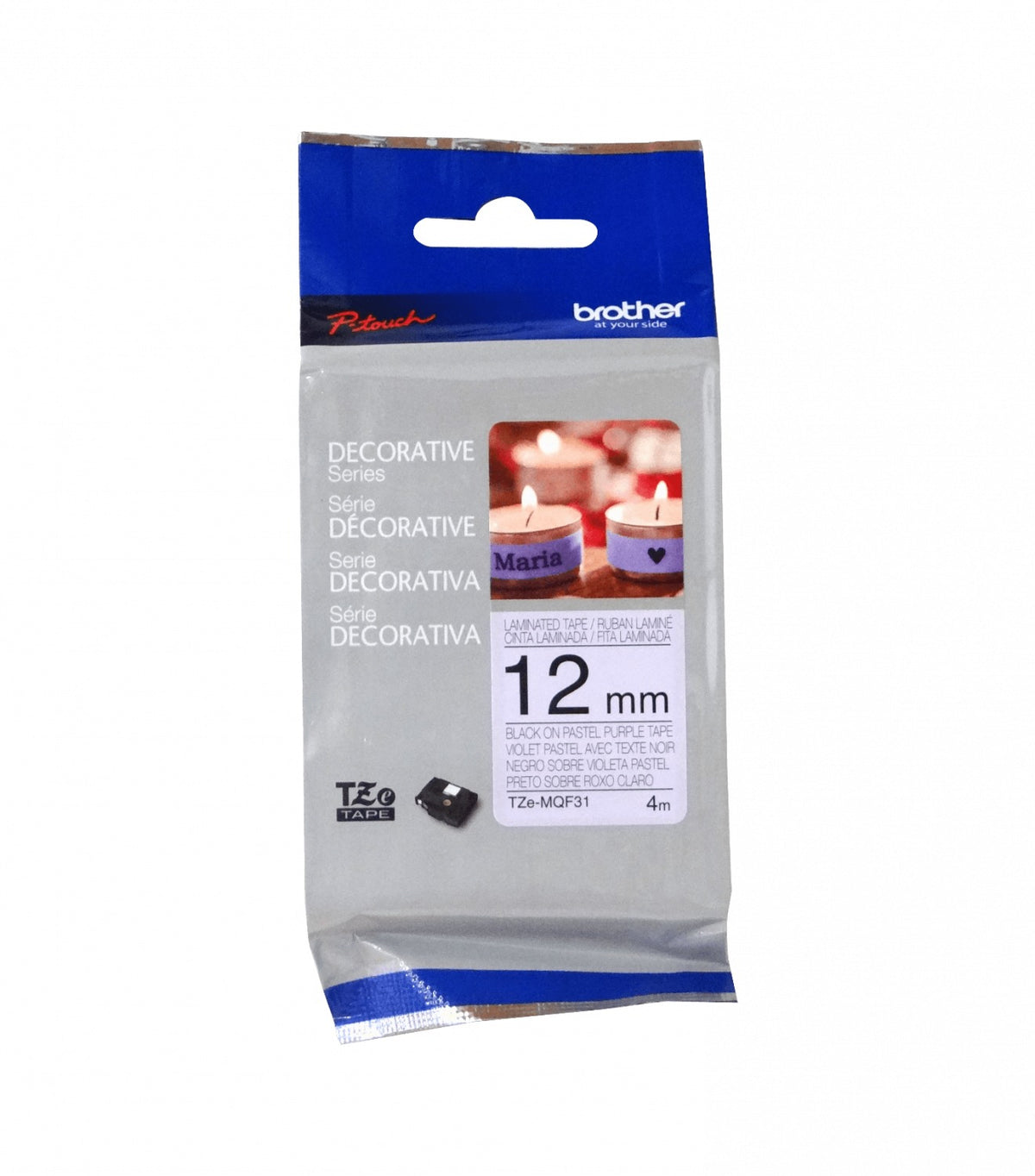 TZE-MQF31 BROTHER Cinta laminada de 12 mm, impresión negra sobre fondo color mora pastel, longitud de 4 metros, compatible con equipos PT-H110, E110 y H200