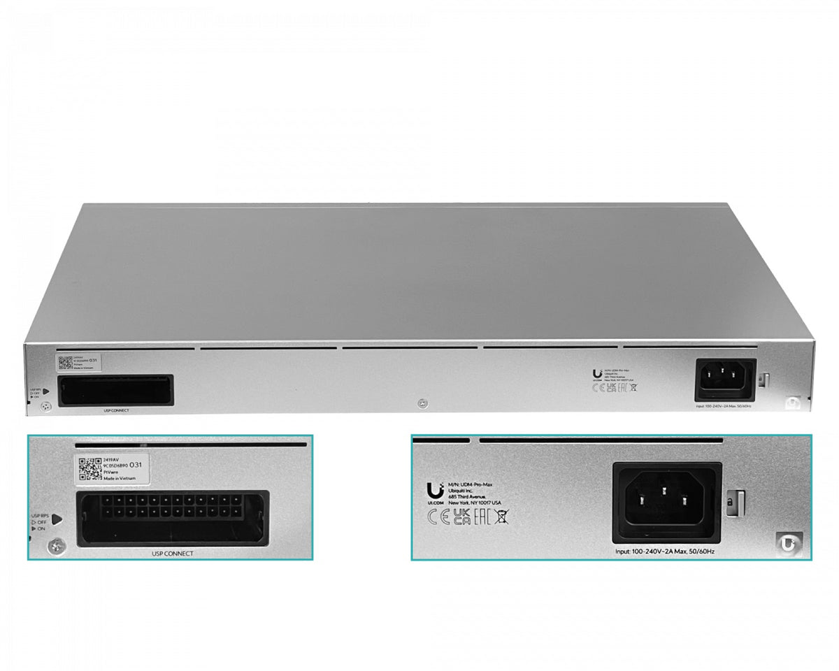 UDM-PRO-MAX. Puerta de enlace UniFi Cloud con 128 GB, puertos 8×1 Gbps, 1×2.5 Gbps, 2×SFP+ de 10 Gbps, 2 bahías para discos de 2,5"/3,5", modelo UDM-PRO-MAX-EU, marca Ubiquiti.