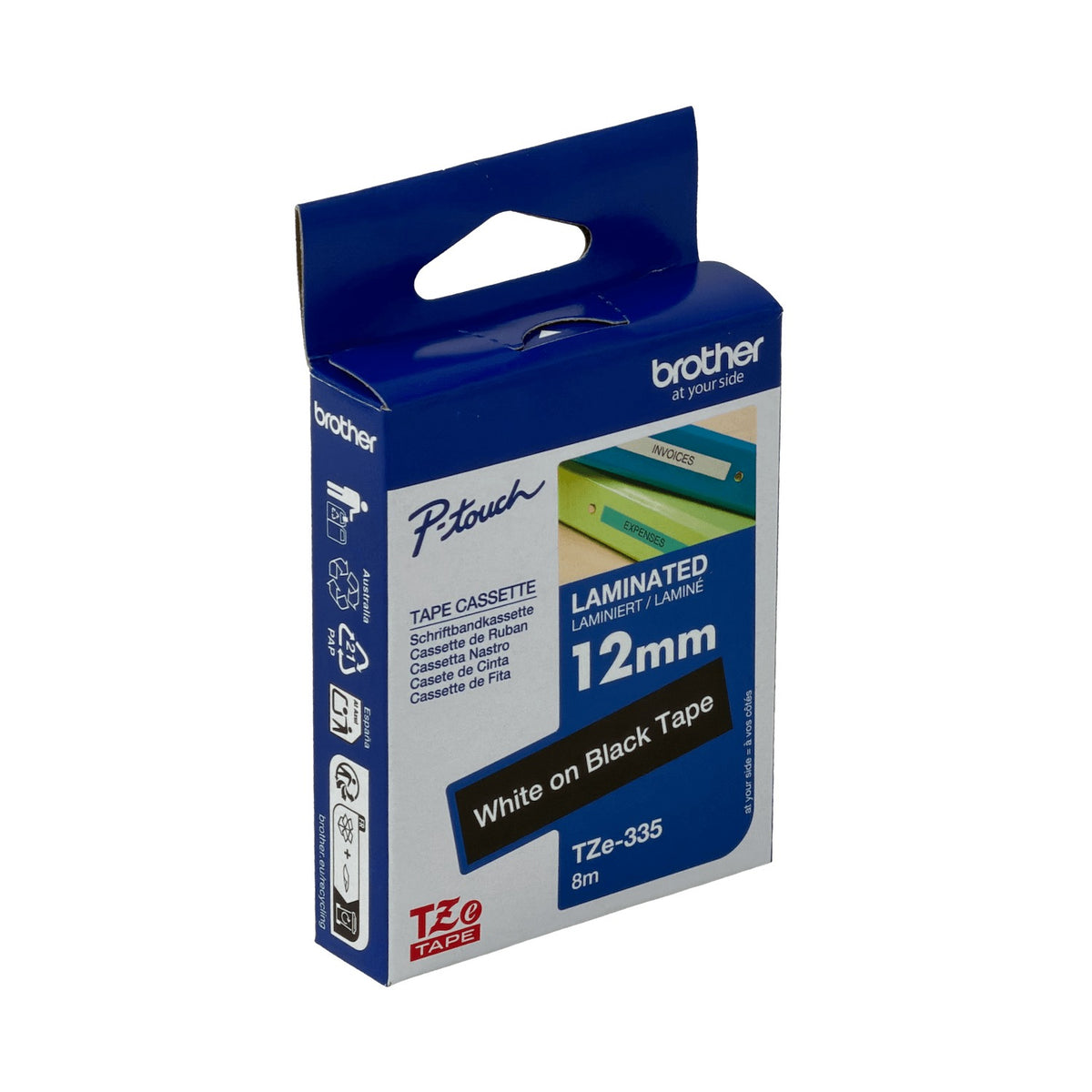 TZE-335 BROTHER 12mm Blanco sobre Fondo Negro Cinta 8mt para PT-H110/E300/E550/D600