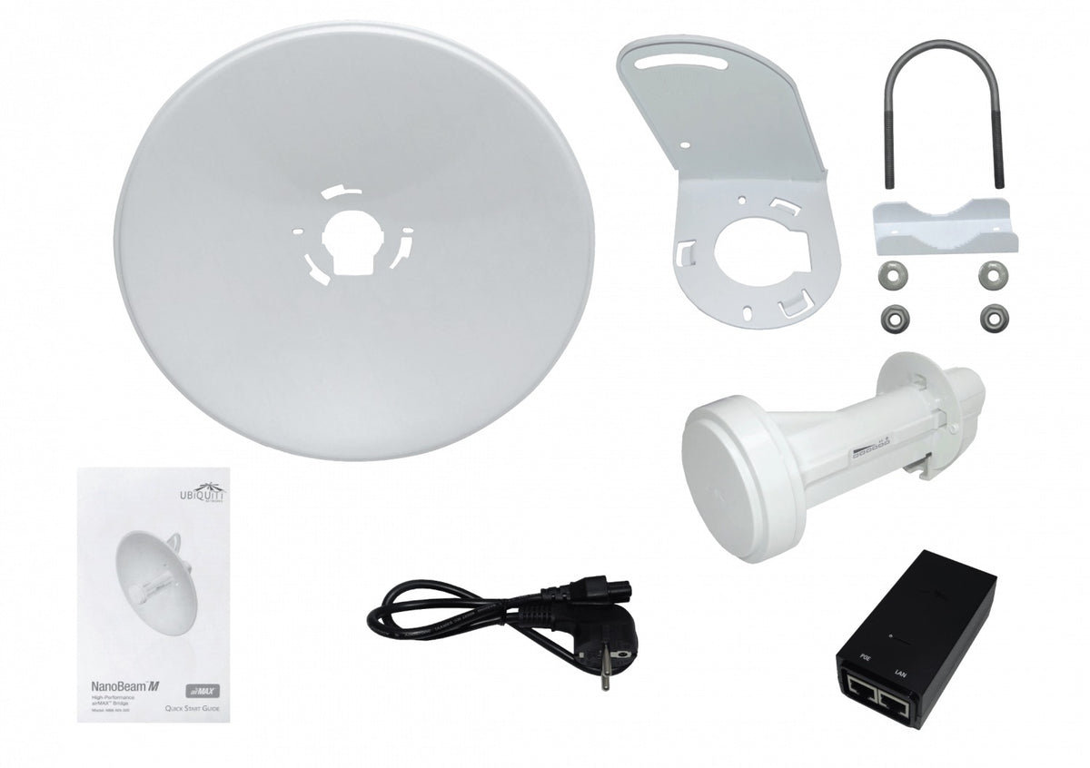 PBE-M2-400. Interfaz de usuario 1-100, ganancia de 18 dBi, frecuencia de 2,4 GHz, longitud de 400 mm, PowerBeam con inyector PoE de 24 V incluido, modelo PBE-M2-400-EU. UBIQUITI