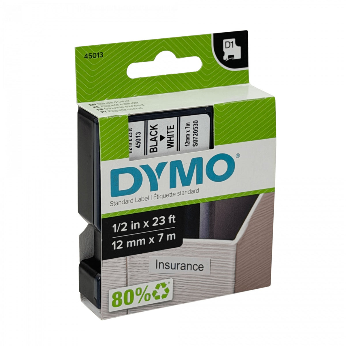 45013 Casete de etiquetas DYMO D1 de 12 mm con texto negro sobre base blanca y longitud de cinta de 7 metros