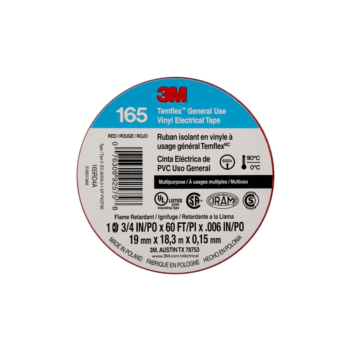 TEMFLEX-18R Cinta Aislante PVC Roja 3M 18mt 165 19mm 0,15mm 600V 0-90ºC