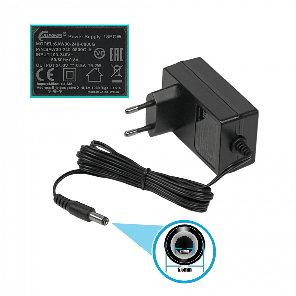 18POW MIKROTIK 24VDC 0.8A 18W 0,8A CONECTOR FUENTE DE ALIMENTACIÓN Conector-5,5x2,1mm