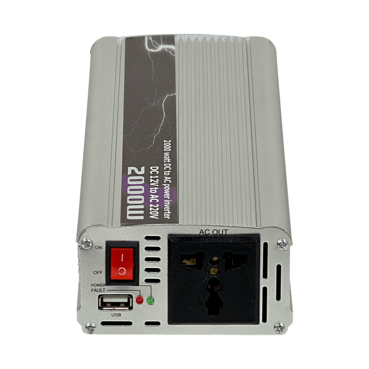 INV-2000W. Convertidor de corriente 2000W entrada 12VDC salida 220V 1 enchufe multinorma 1 puerto USB-A con ventilador
