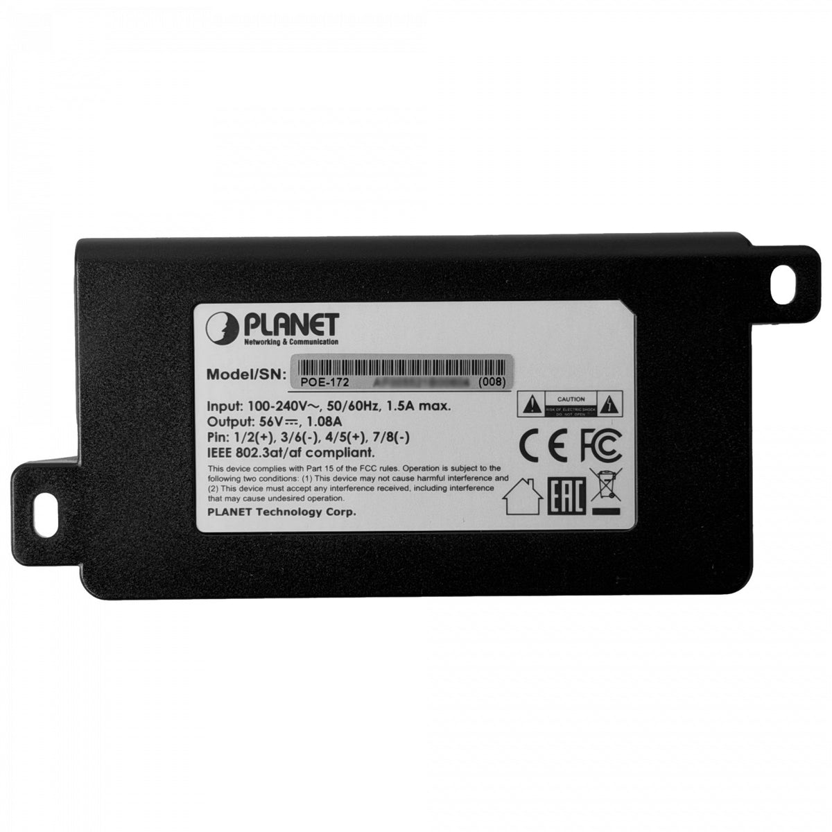 POE-172 PLANET Adaptador de corriente 220VAC a PoE+ 802.3at 56V 60W 2 puertos RJ45 Gigabit necesita cable de alimentación
