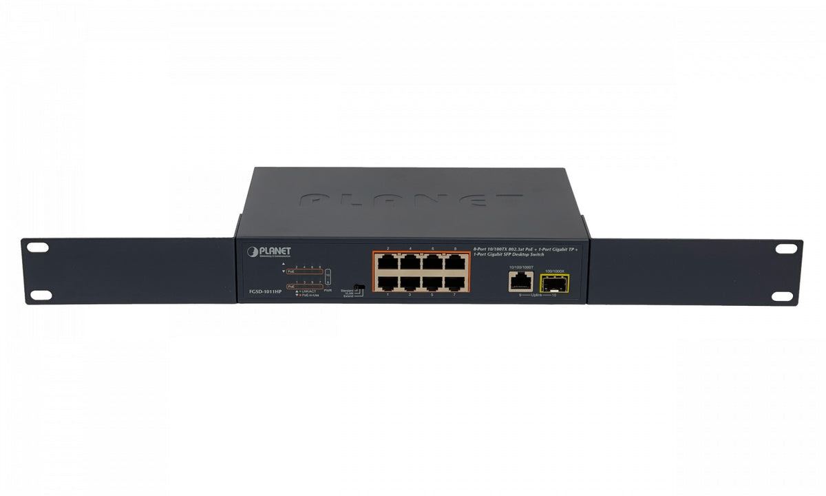 FGSD-1011HP PLANET Switch No Administrable de 19 Pulgadas con 8 Puertos 100Mbps PoE+at, 1 Puerto 1000Mbps, 1 SFP y 120W Totales