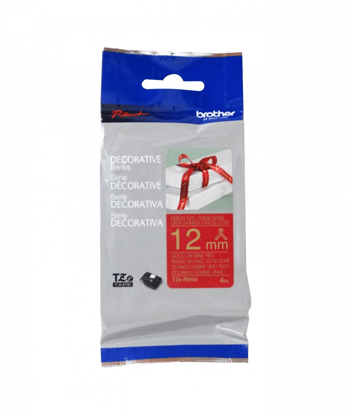 TZE-RW34 BROTHER Satinado 12mm Dorado sobre Fondo Rojo-Vino Cinta 4 metros para PT-H110/H200