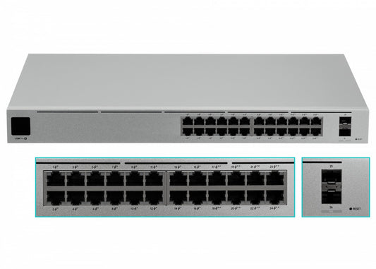 USW-PRO-24-POE. Interruptor UniFi de capa 2 UI con 24 puertos PoE 1000, 400 W totales, 2 SFP+ 10G, ranura USP opcional, modelo USW-PRO-24-POE-EU de UBIQUITI