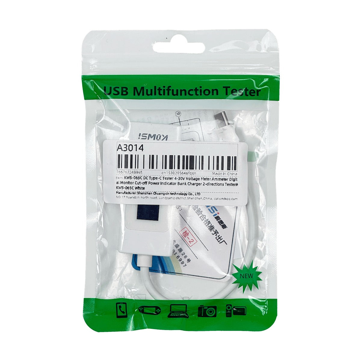 TESTER-065C Medidor Digital Puerto USB-C Rango 4-30VDC Intensidad 0-6,5Amperios Potencia 0-195Vatios