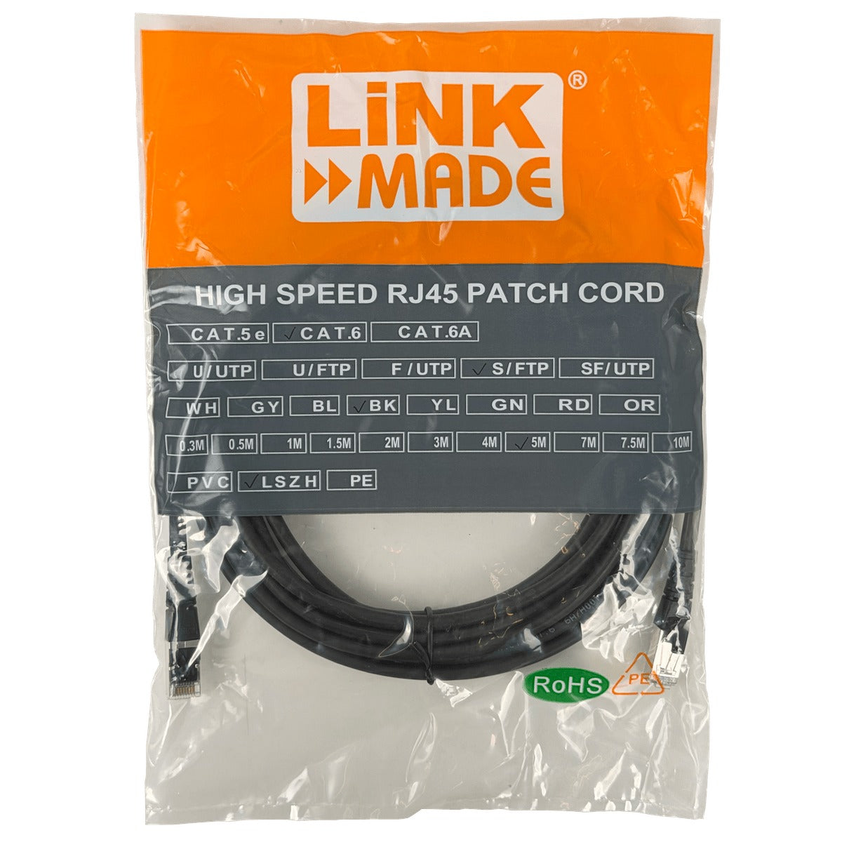 CP6SN-50L LINKMADE S/FTP CAT6 5 metros NEGRO LSZH LATIGUILLO DE RED MOLDEADO MULTIHILO
