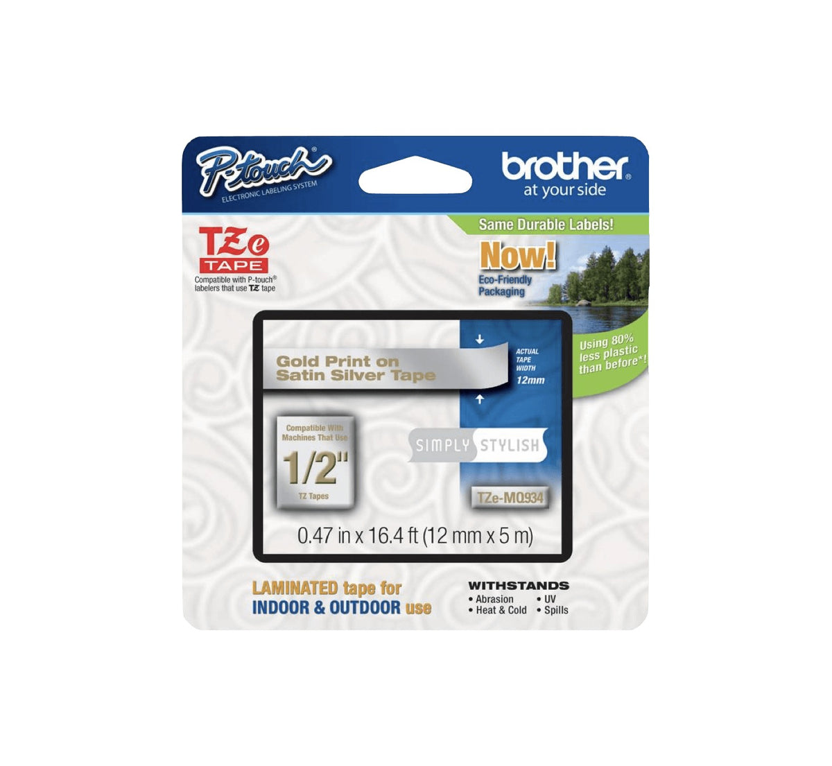 TZE-MQ934 BROTHER Cartucho de Etiqueta 12mm Texto Dorado sobre Cinta Gris Satén Largo 5m Compatible PT-H110/H200/E110