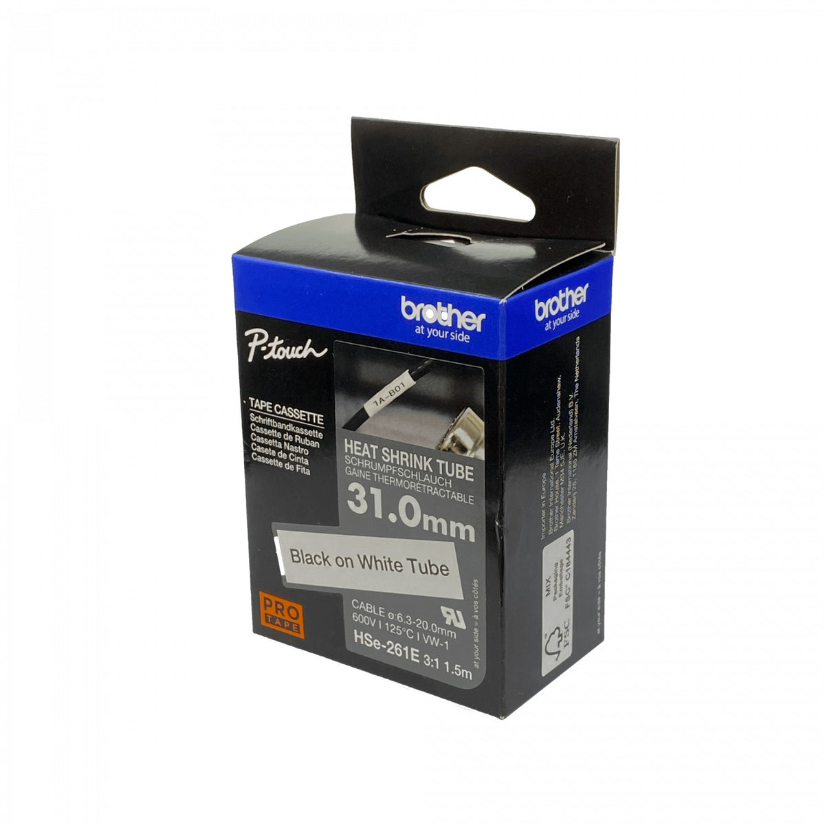 HSE-261E BROTHER 31mm Tubo Termocontraíble 6,3-20mm Negro sobre Blanco Cinta 1,5mt