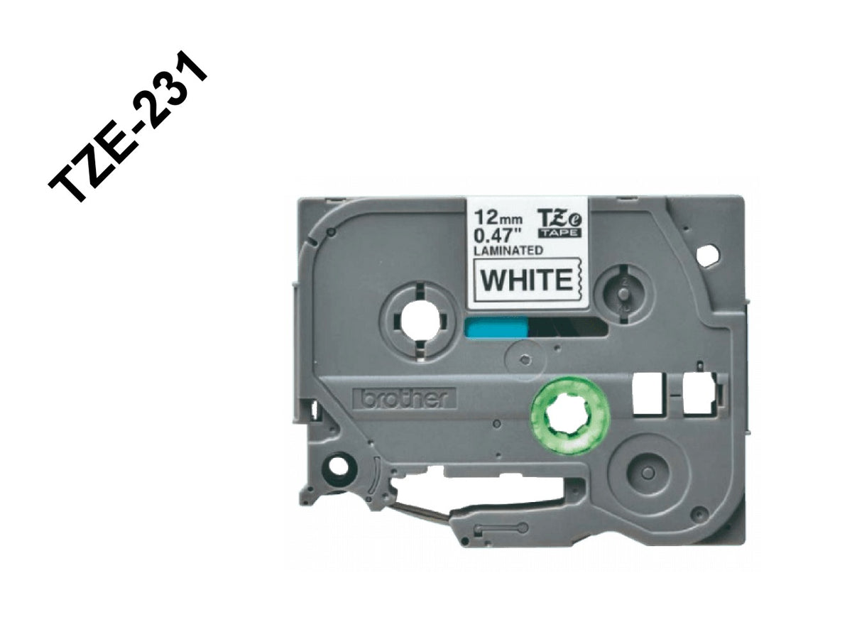 TZE-231 BROTHER 12mm Negro sobre Fondo Blanco Cinta 8mt para PT-H110/E300/E550