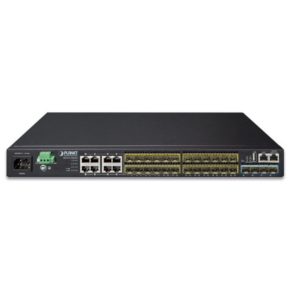 Capa 3, 24 puertos 100/1000X SFP + TP compartido de 8 puertos + Switch administrado apilable 10G SFP+ de 4 puertos (100~240 V CA, 36-75 V CC)