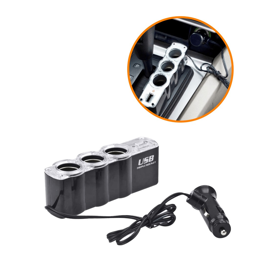 WF-0120 Adaptador 3-Tomas-Hembra Vehicular 1-Puerto-USB-Hembra-AH 5VDC 0,5A 12V/24V-Enchufe-Encendedor