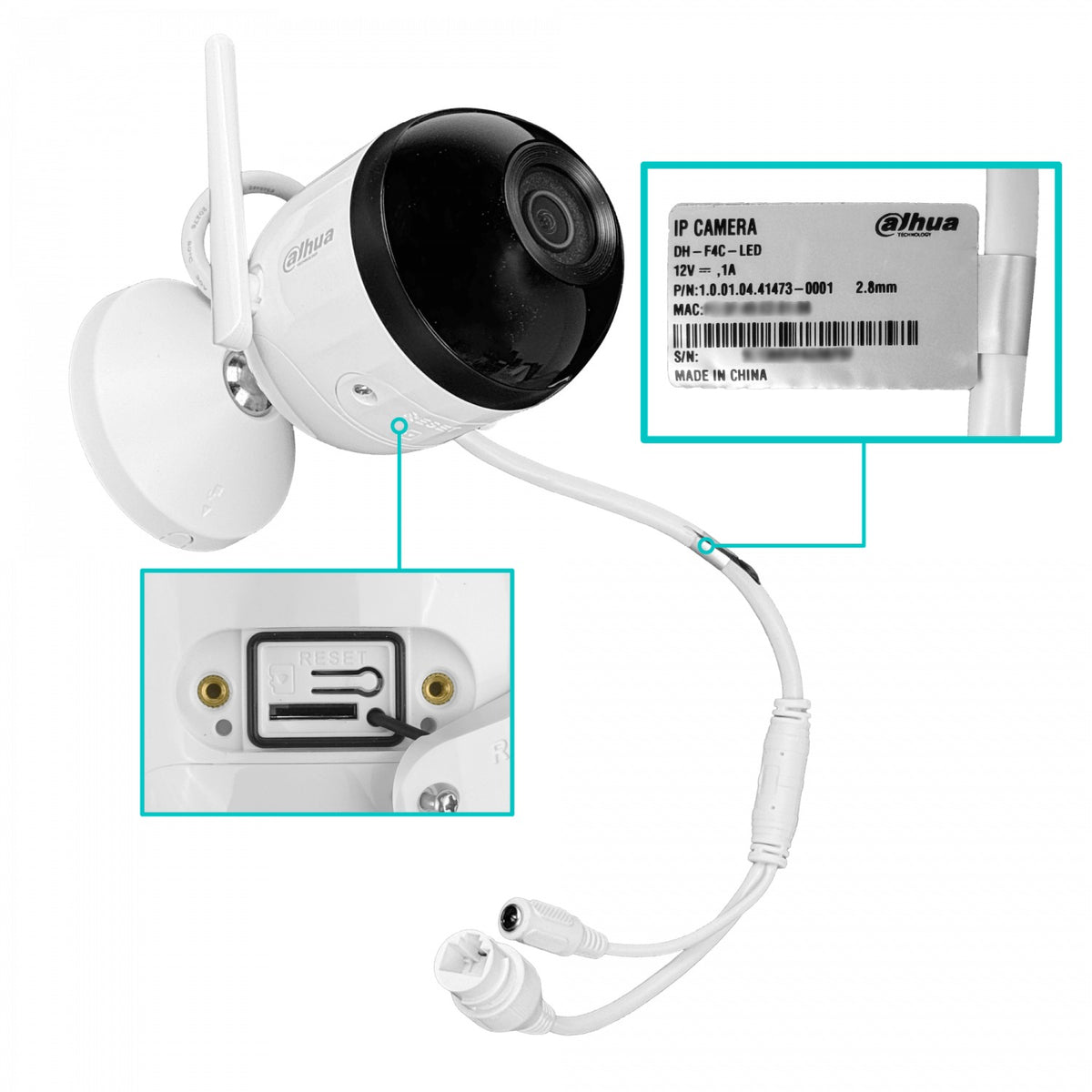 F4CN-LED. DAHUA 4 Megapíxeles lente 2,8mm Inalámbrico 2,4GHz Ranura MicroSD IP67 1-100 Iluminación infrarroja 30 metros incluye fuente 12Vdc 0280B