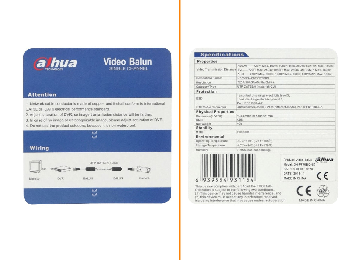 BALUN-HD4 DAHUA Transmisor de Video 4K 1-Par Conexión Rápida CAT5E/6 Pasivo CCTV BNC-Macho