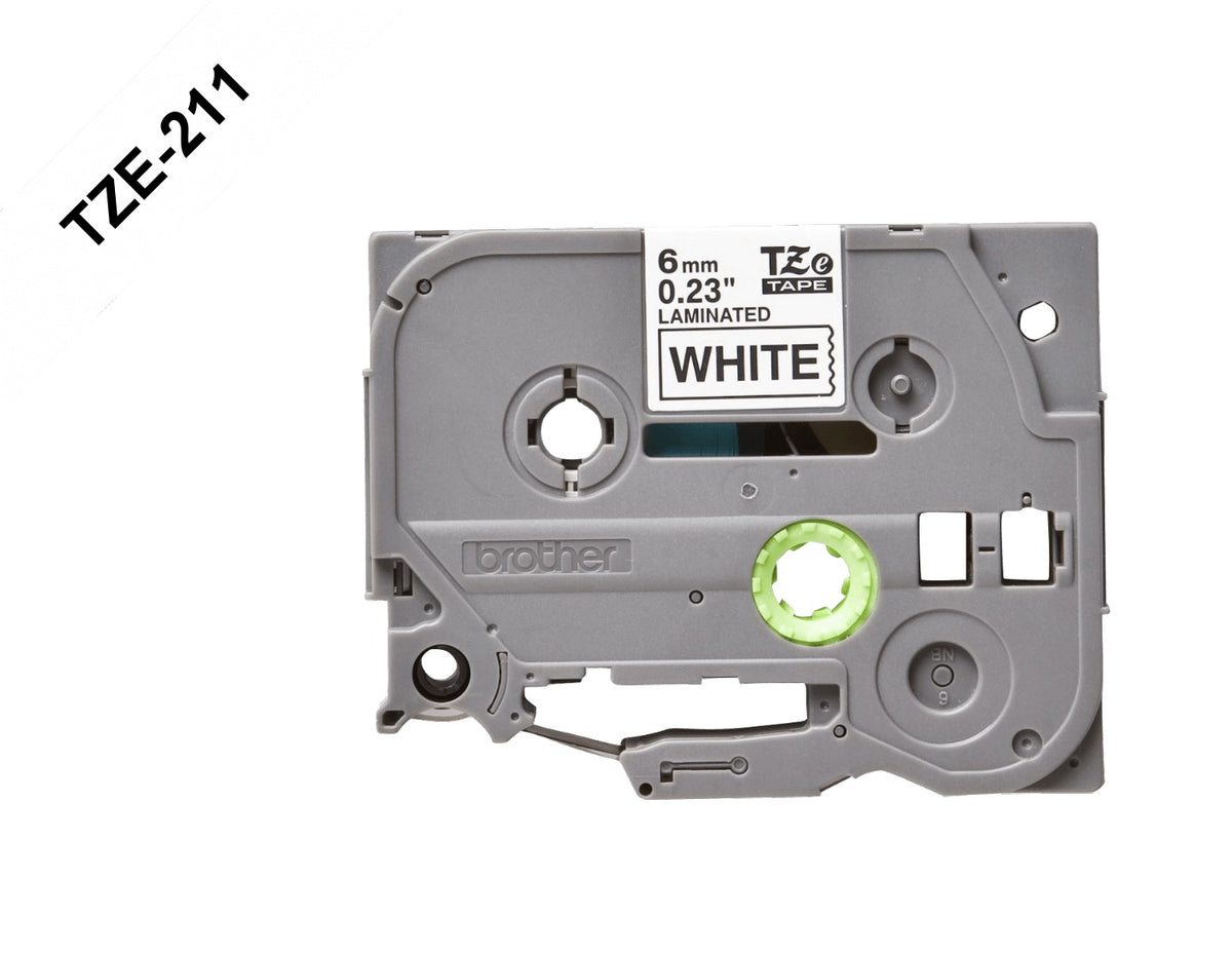 TZE-211 BROTHER 6mm Negro sobre Fondo Blanco Cinta 8mt para PT-H110/E300/E550/D600