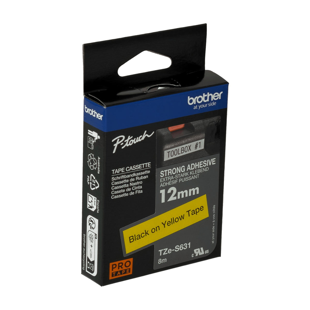 TZE-S631 BROTHER E-P 12mm Negro sobre Amarillo Cinta de 8 metros para PT-H110 Adhesivo Reforzado