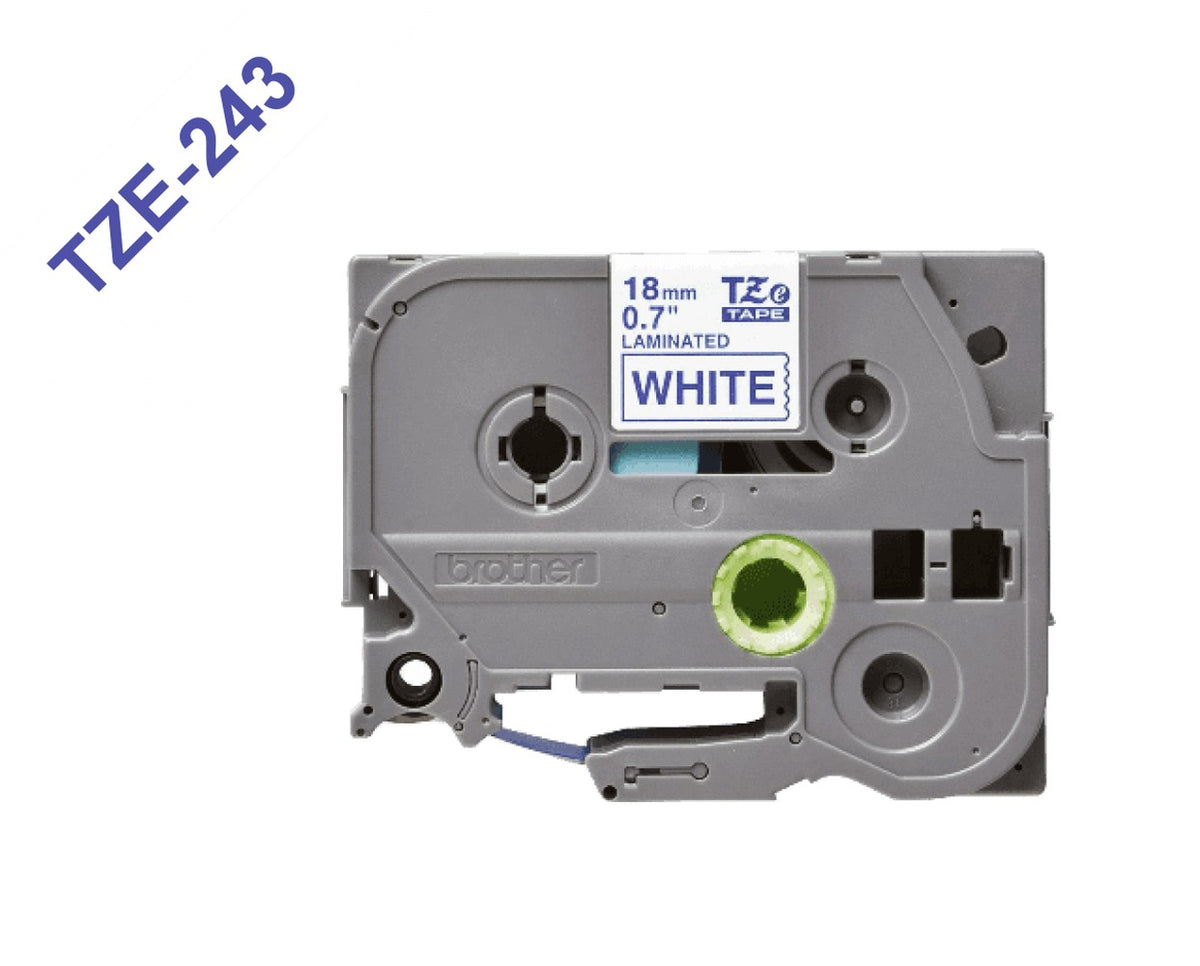 TZE-243 BROTHER Cartucho de cinta laminada de 18mm con texto azul sobre fondo blanco, longitud de 8 metros, compatible con equipos PT-E300VP, D600VP y E550W