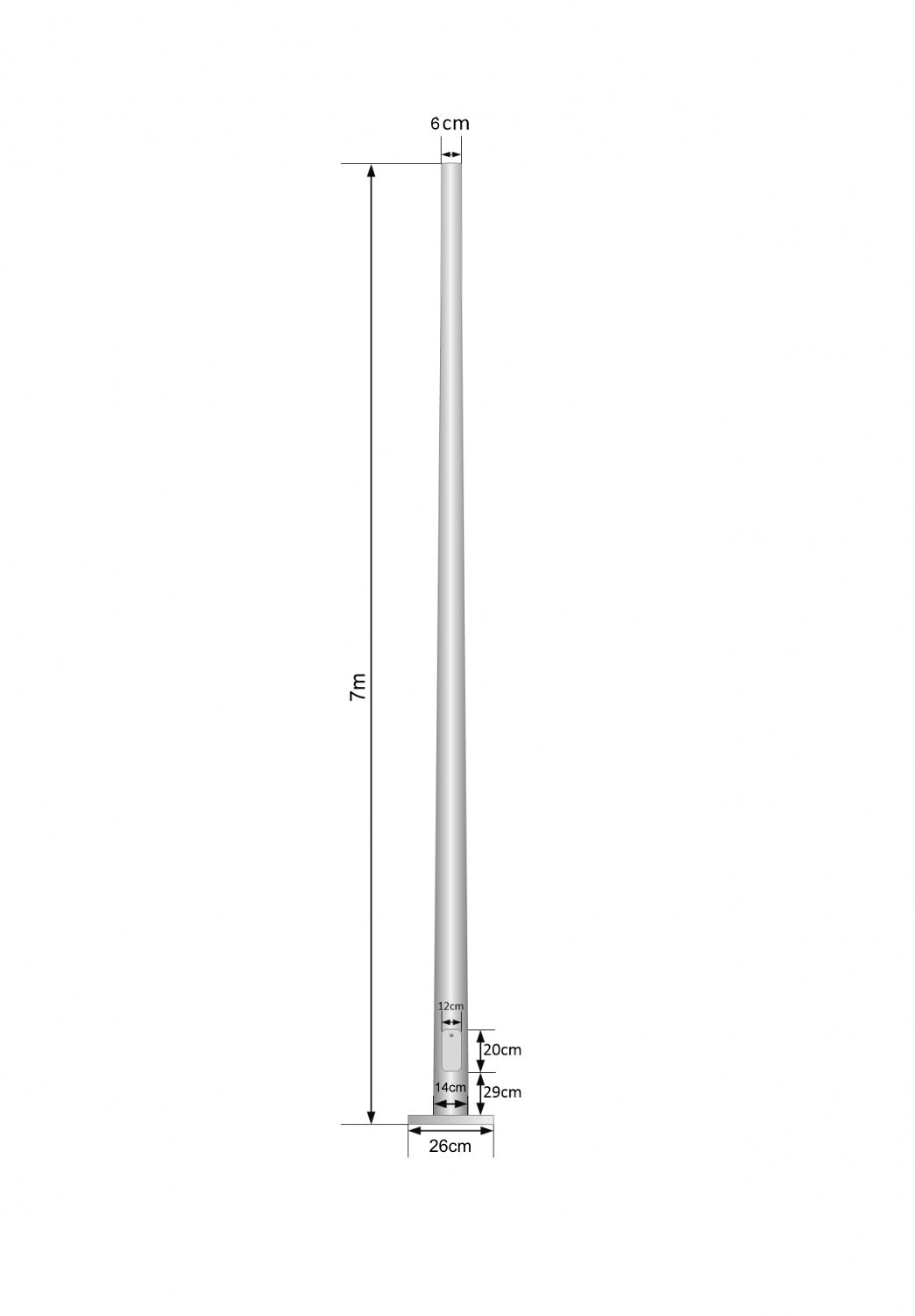 POSTEC-7M Poste Troncoconico 7mt 3mm Placa-260x260x12mm sin-incluir-Canastilla Cono-140/60mm