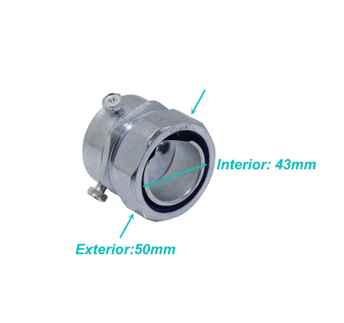 MEMT40 Adaptador metálico de unión de 40 mm para tubo EMT a conduit flexible, rango 28-43 mm a 30 mm