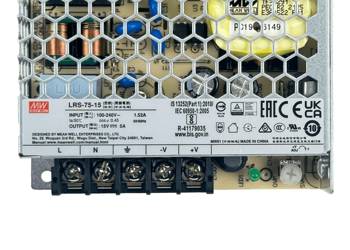 LRS-75-15 MEANWELL Fuente de Alimentación de Marco Abierto 75W, Salida 15V 5A, Entrada 100-240VAC, Voltaje Ajustable
