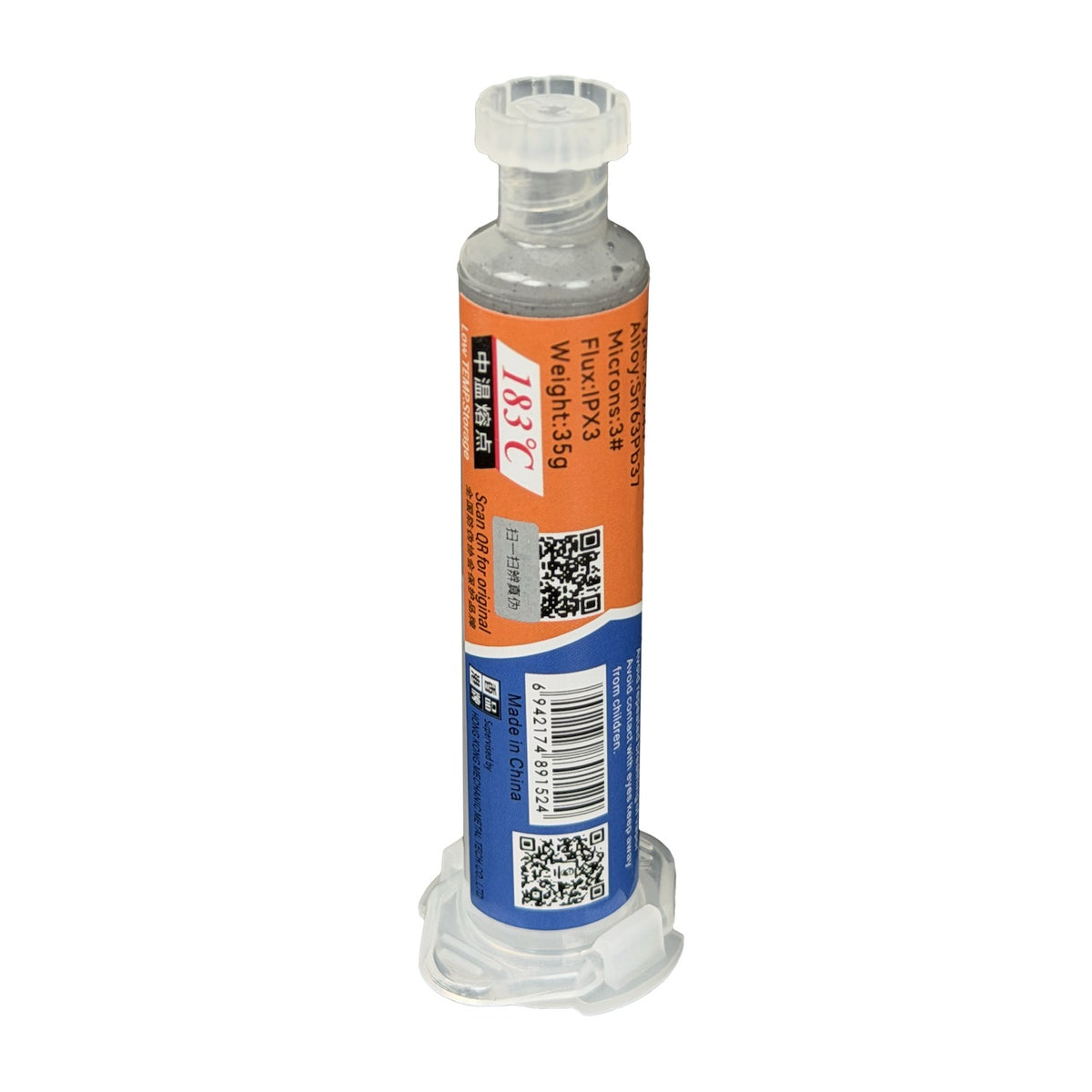 ESTA-PASTA Jeringa dispensadora de aleación para soldadura Composición estaño-plomo Sn63Pb37 Peso neto 35 gramos Punto de fusión 183 grados Celsius Tamaño de partícula 20 a 38 micrómetros Incluye dos puntas aplicadoras