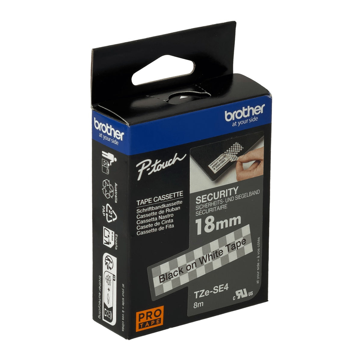 TZE-SE4 BROTHER 18mm Tamper Evident Negro en Blanco Cinta 8mt p/PT-E300VP
