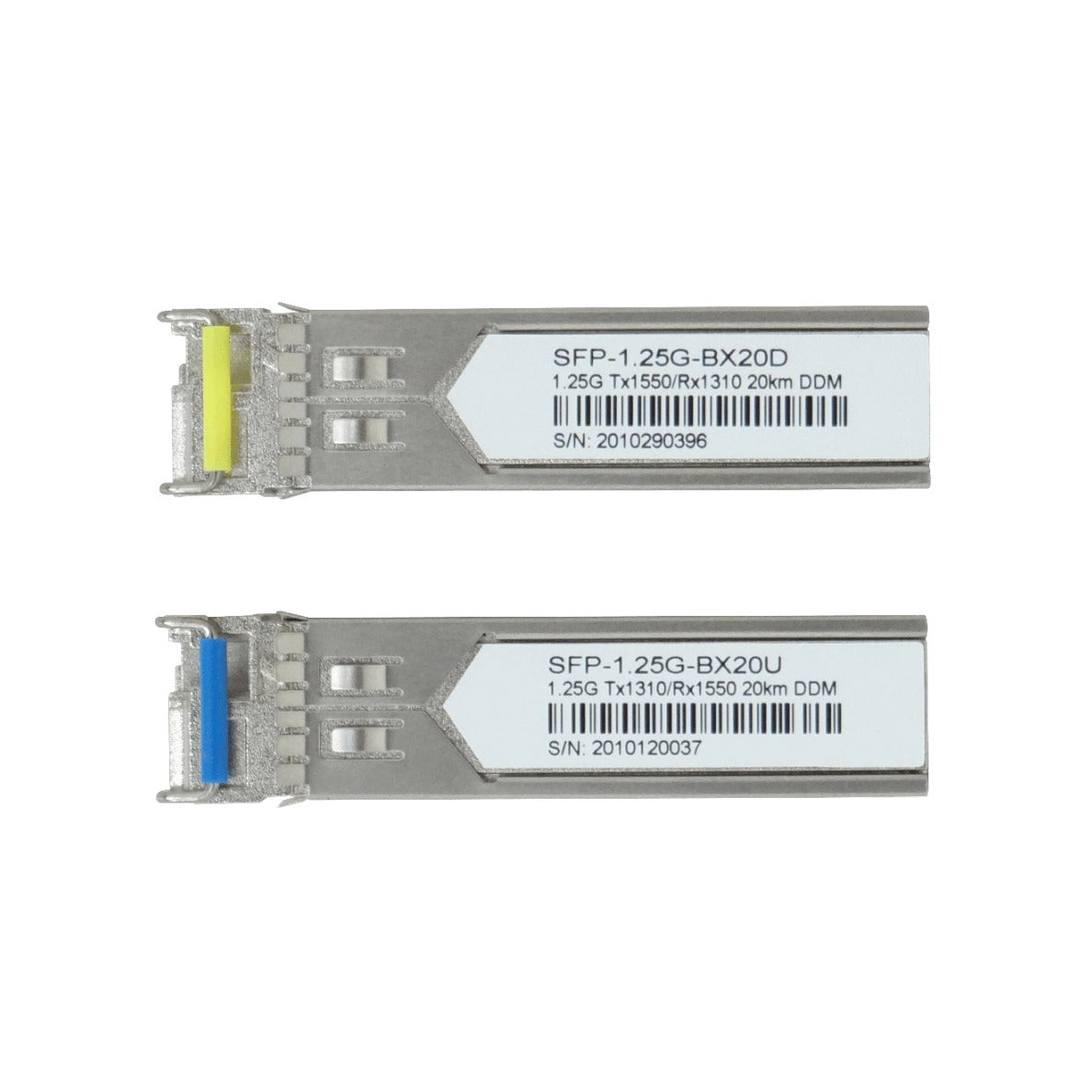 S-3553LC20 Par de transceptores SFP WDM bidireccionales BX20 U+D, 1 canal LC, alcance 20km, 1550nm/1310nm, velocidad 1,25Gbps