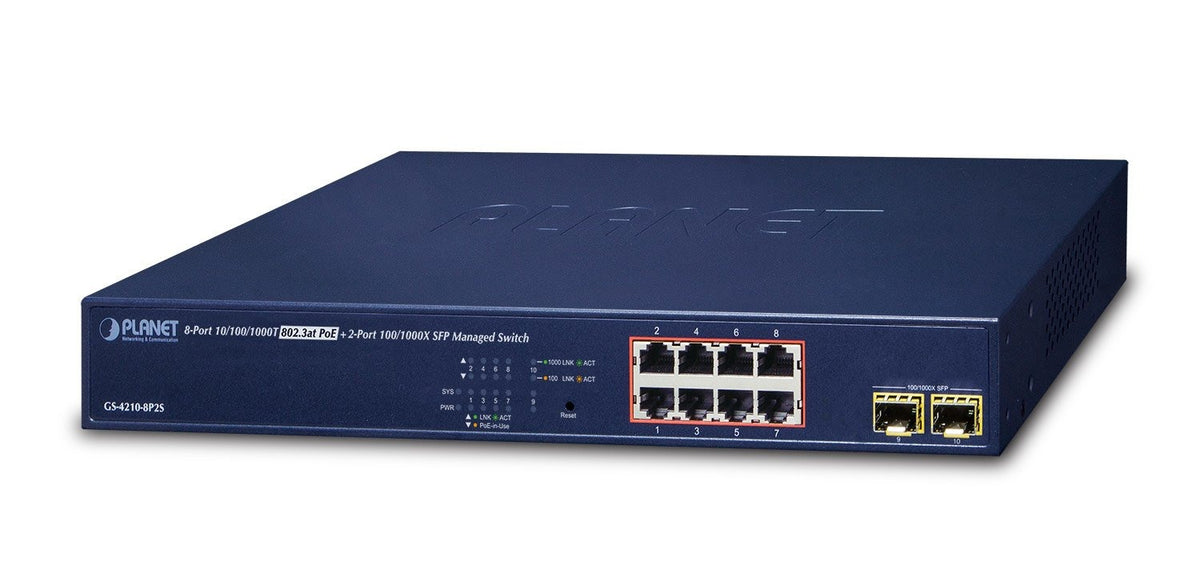 Switch Administrado de 8 Puertos 10/100/1000T 802.3at PoE + 2 Puertos 100/1000X SFP