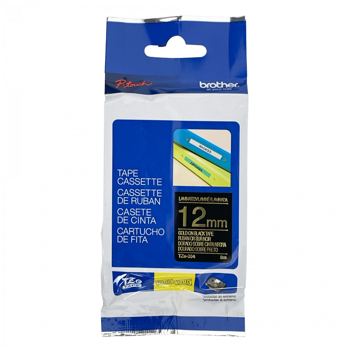 TZE-334 BROTHER 12mm Dorado sobre Base Negra Cinta 8mt para PT-H110/E300/E550/D600