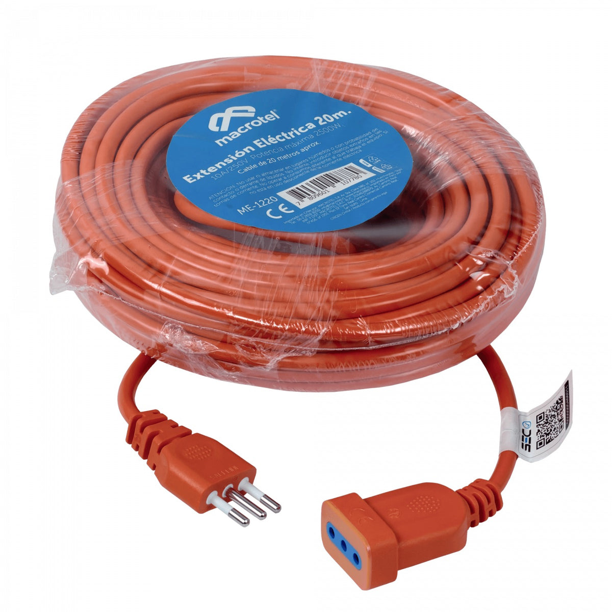 ME-1220. MACROTEL 20 m naranja prolongador eléctrico 10 A enchufe nacional 3x1,0 mm