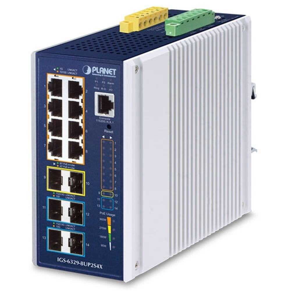 Industrial L3 8 Puertos 10/100/1000T 802.3bt PoE + 2 Puertos 1G/2.5G SFP + 4 Puertos 10G SFP+ Switch Ethernet administrado (-40~75 grados C)