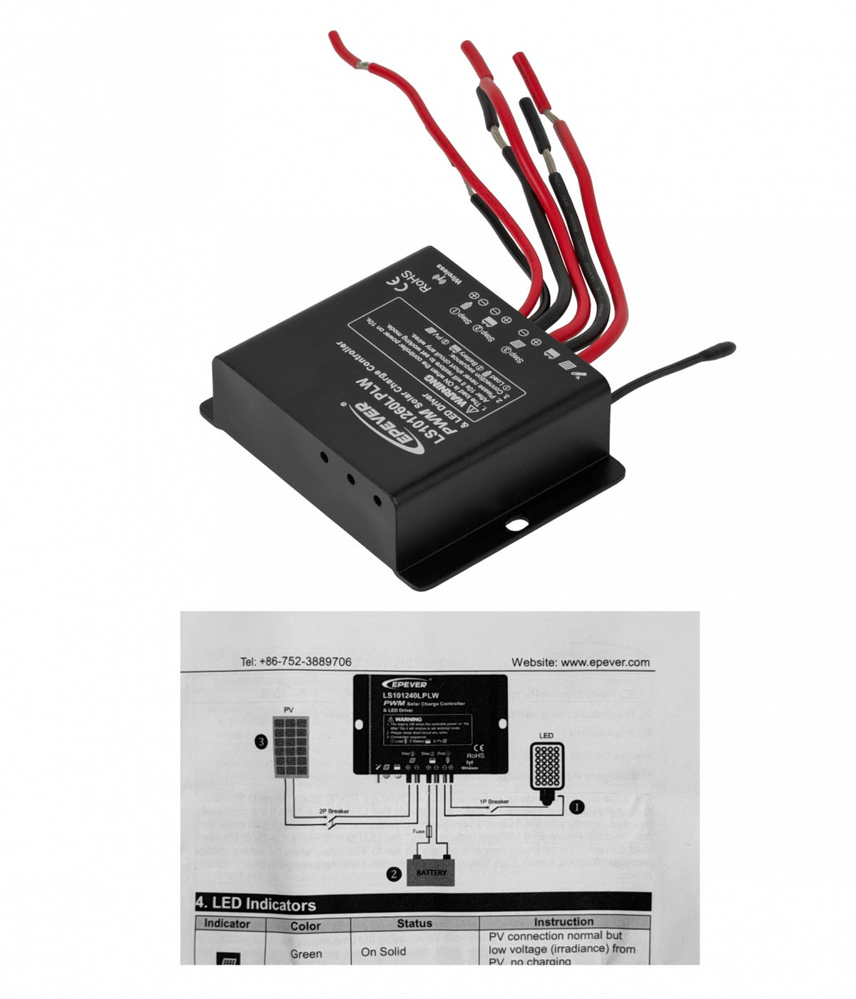 LS101260LPLW EPEVER Controlador Carga 10A IP67 12V/24V PWM Energía Solar Indicador LED Comunicación RS485