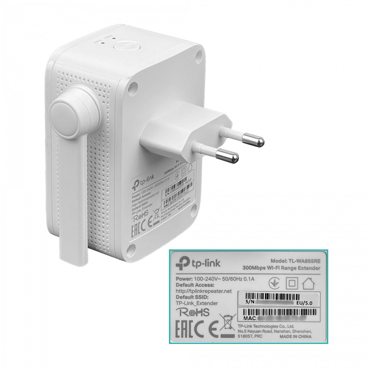 TL-WA855RE TP-LINK Extensor de Señal Inalámbrica de 2,4GHz con 2 Antenas Integradas, Velocidad de 300Mbps y Puerto Fast Ethernet, Alimentación 220V
