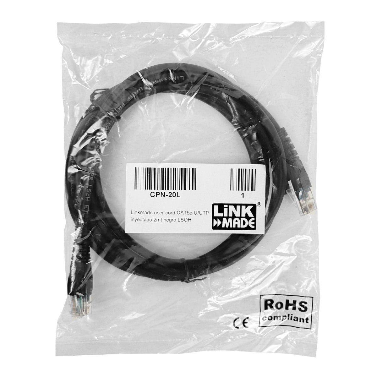 CPN-20L LINKMADE 2 Metros CAT5E NEGRO LSZH Cable de Parcheo Sobremoldeado Multihilo