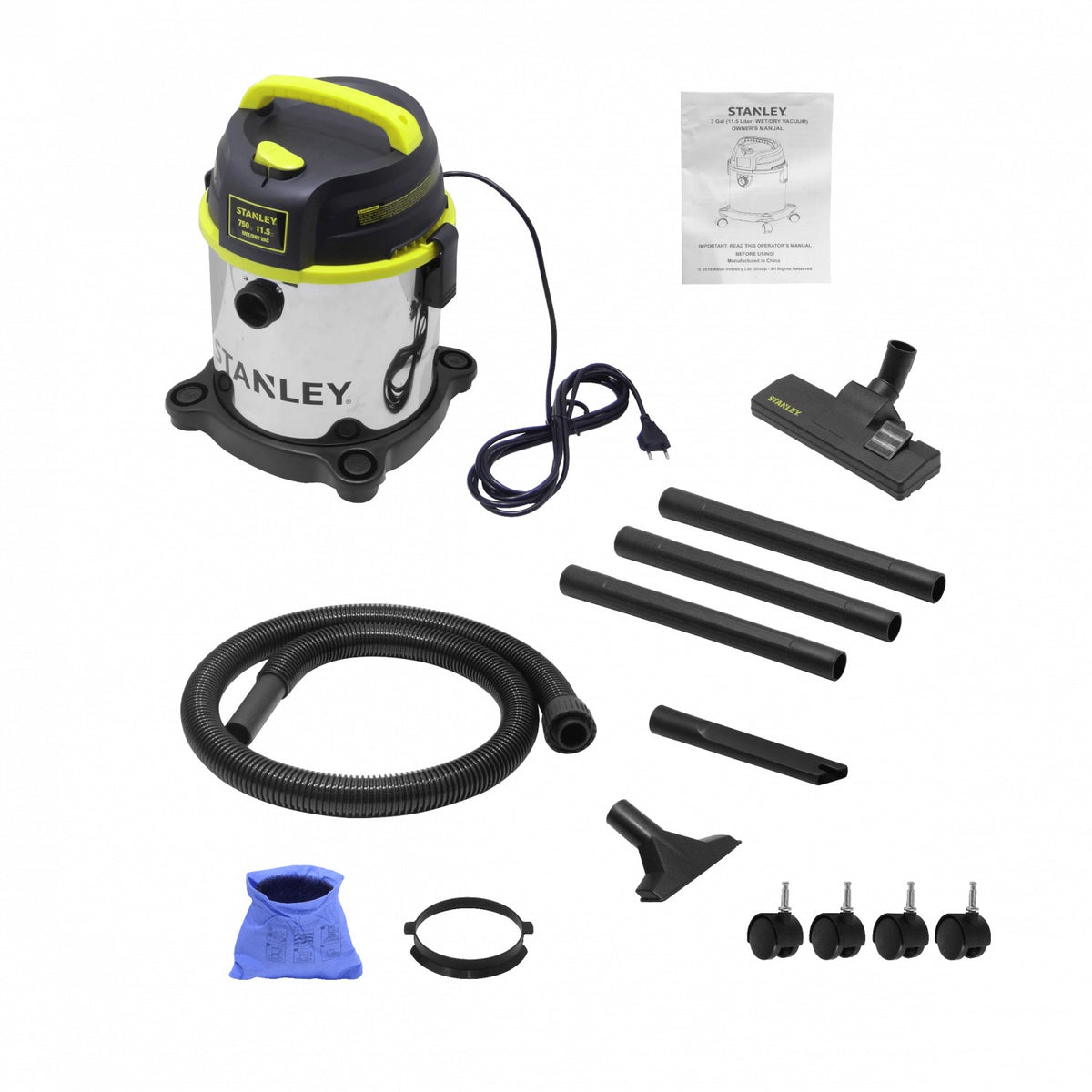 ASPIRADORA-750 Aspiradora STANLEY 750 Vatios para Líquidos y Sólidos Depósito 11,5 Litros 4,0 Caballos de Fuerza 220 Voltios Cable 3,6 metros Protección IPX4