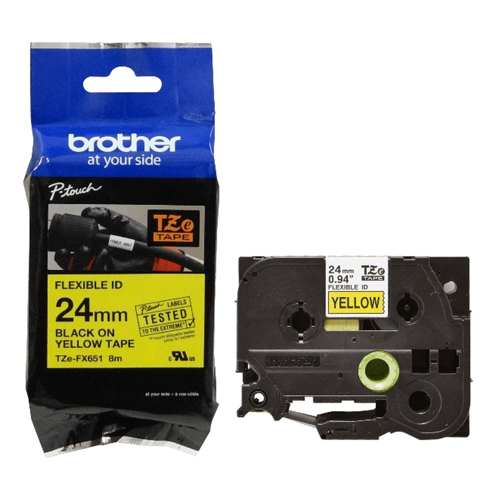 TZE-FX651 BROTHER Flex 24mm Negro en Fondo Amarillo Cinta 8mt p/PT-E550WVP/D600V