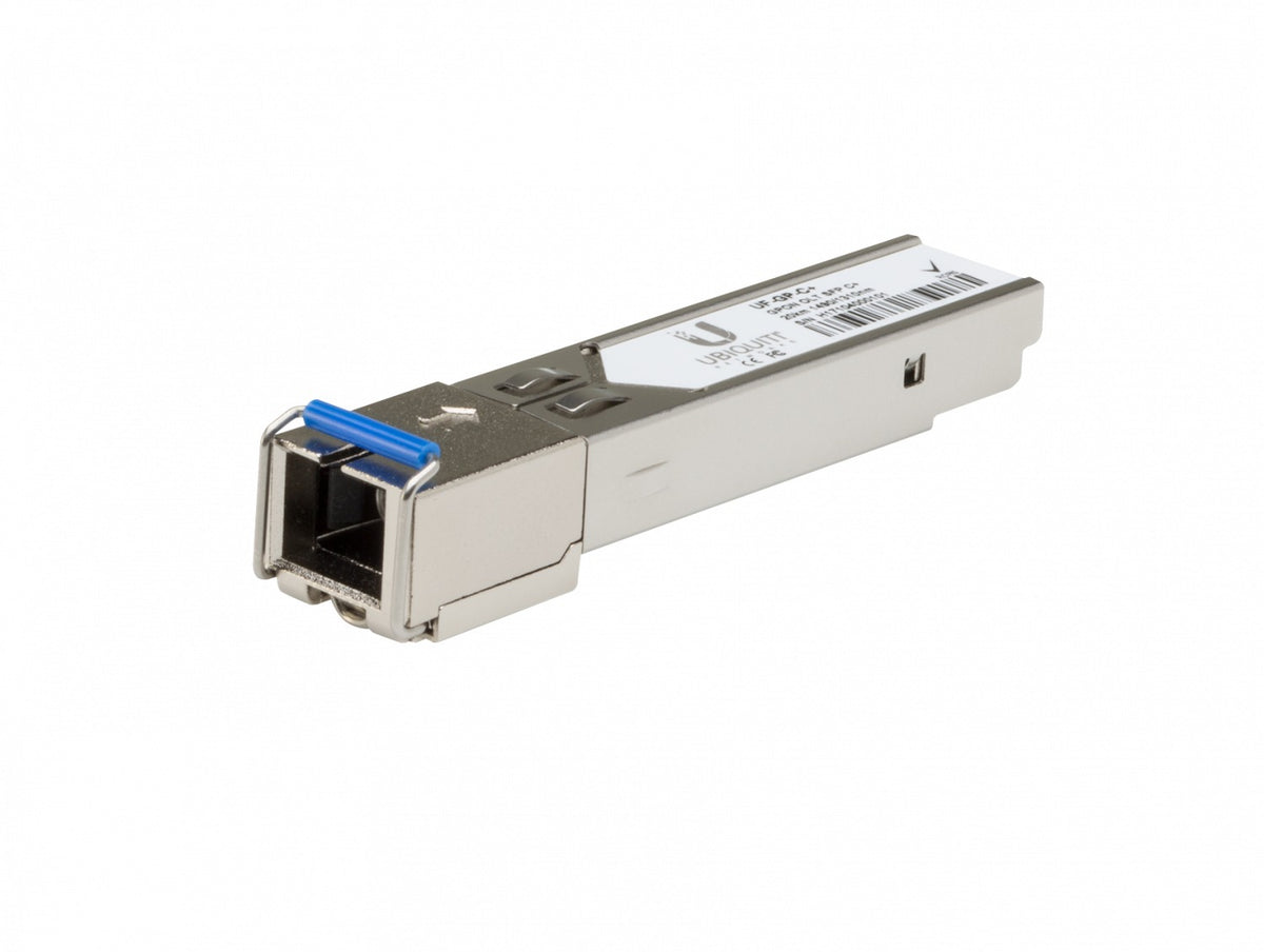 UF-GP-C+. Módulo SFP GPON OLT Clase C+ de Ubiquiti, potencia de transmisión 7dBm, sensibilidad de recepción -30dBm, conector SC simple, alcance de 20km y longitudes de onda 1310nm (subida) / 1490nm (bajada). Modelo GPON-OLT-C+.