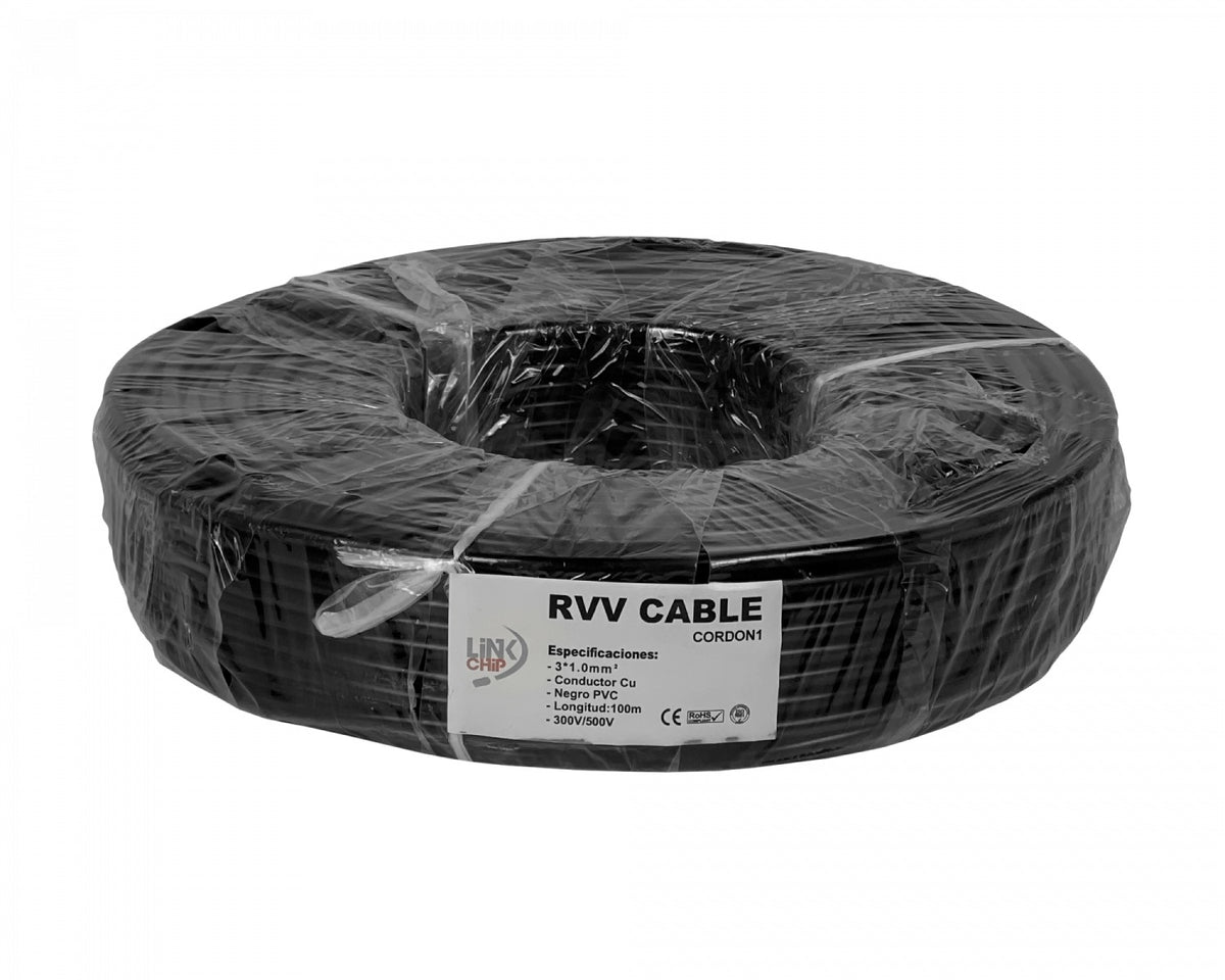 CORDON1 Negro 3x1,0mm 100 metros Conductor Eléctrico Flexible RVV 8-10AMP 17AWG 3x1.0mm