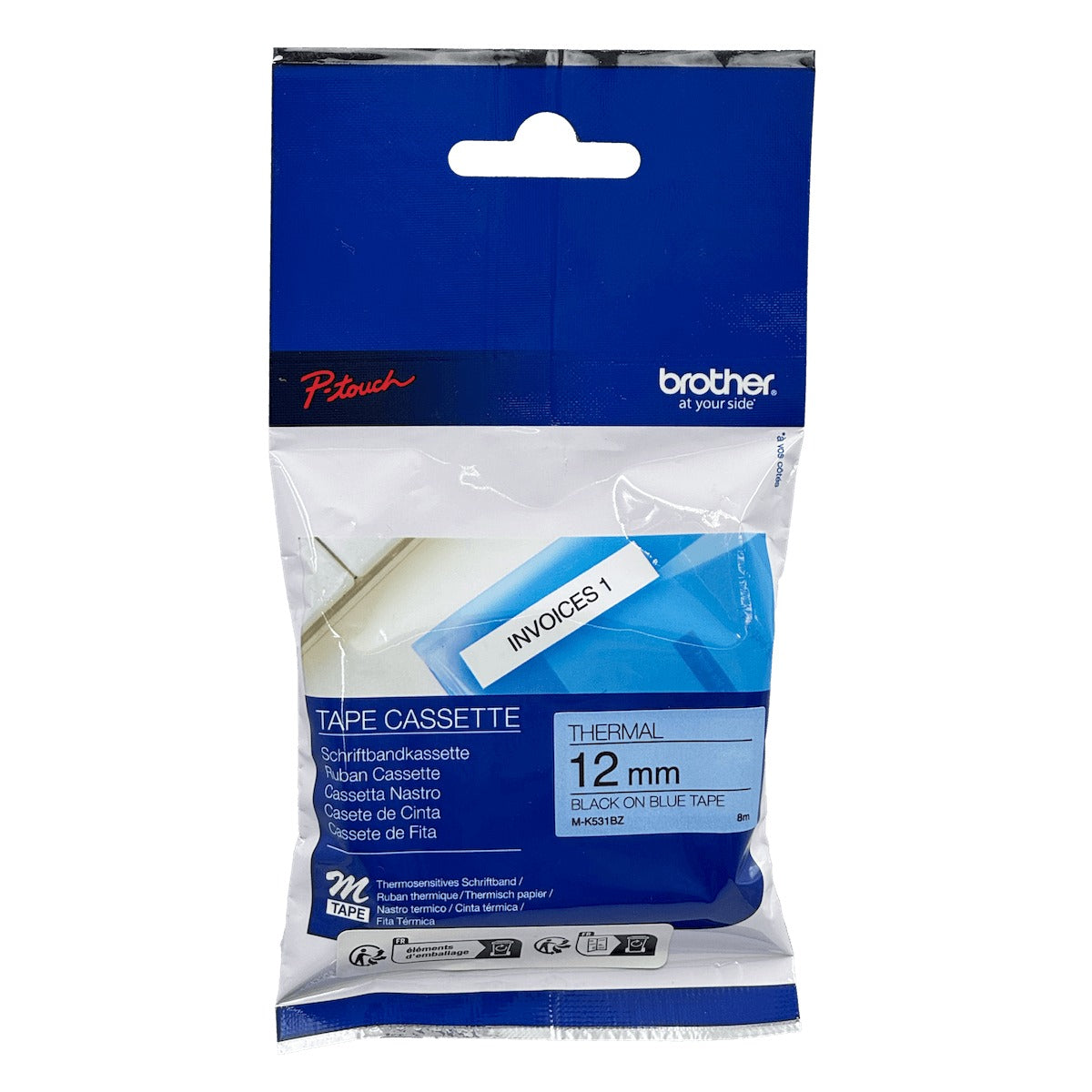 M531 BROTHER Cinta de 12mm Texto Negro sobre Fondo Azul 8 metros para PT-90