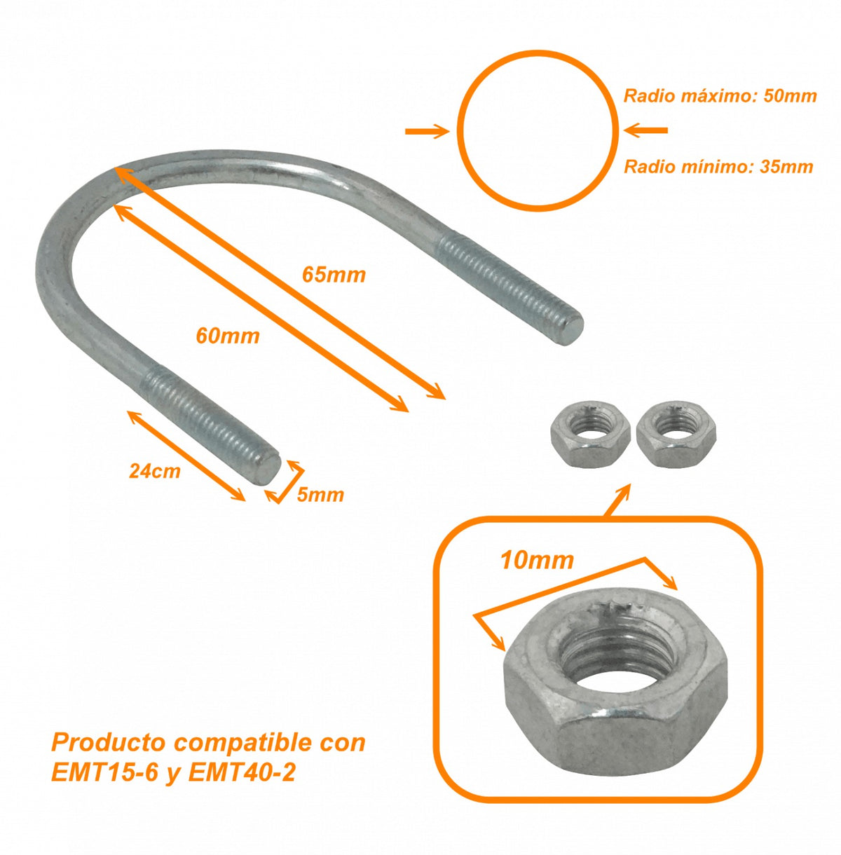 UDN-05 Sujetador 35-50mm Diámetro Poste Tubular con 2-tuercas-10mm requiere/pletina