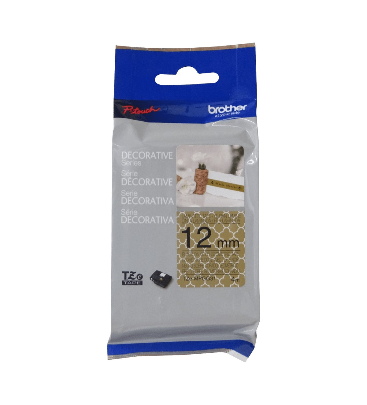 TZE-MPGG31 Cinta de 12mm con patrón negro sobre fondo dorado de 4 metros para rotuladoras BROTHER PT-H110/E300