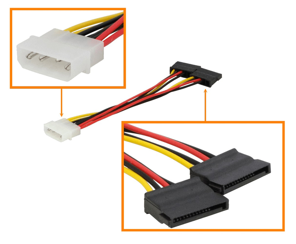 PSATA2 Cable adaptador de alimentación en Y 1 conector MOLEX macho a 2 conectores SATA hembra 15cm