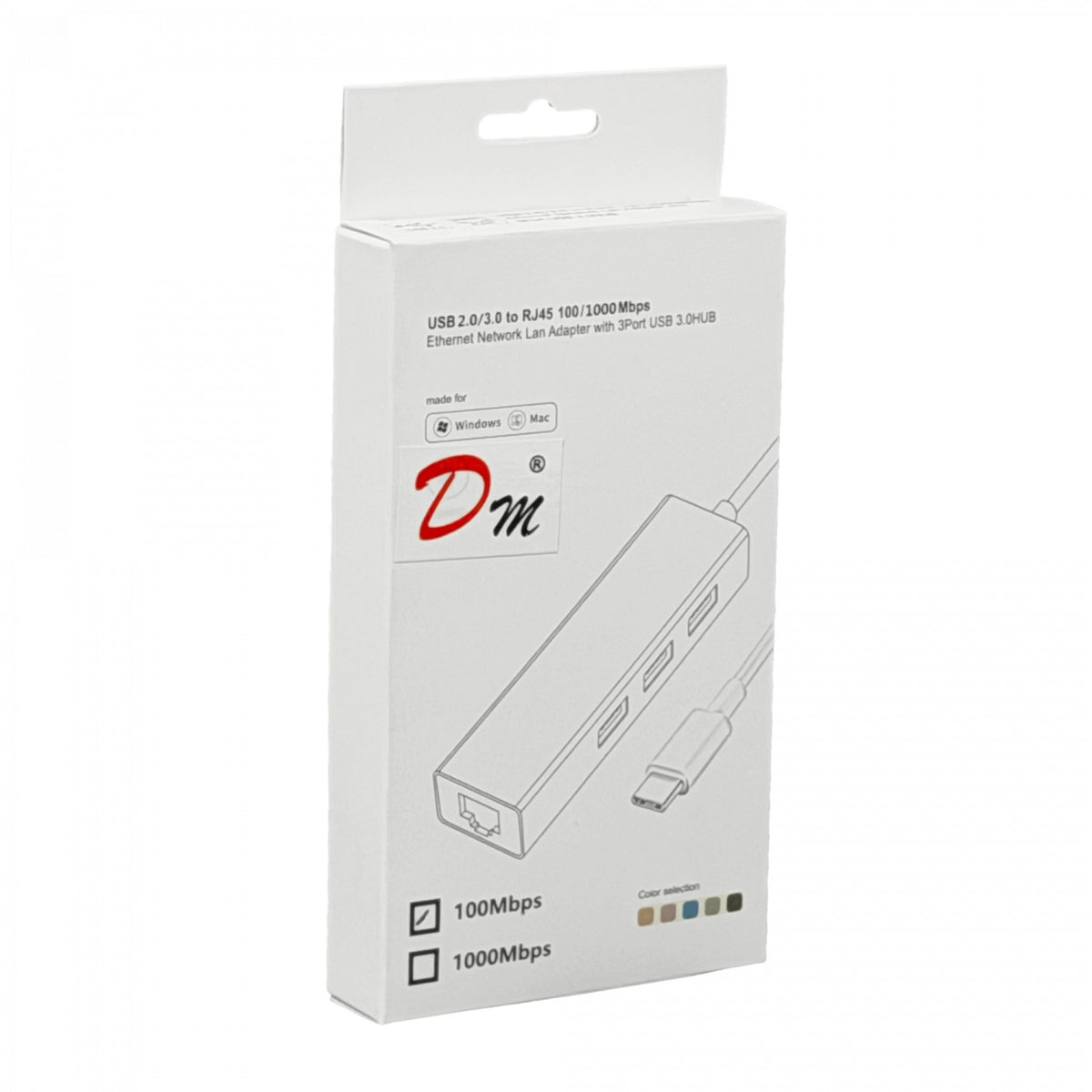 USBC-LAN-HUB Adaptador USB-C Macho a Ethernet-RJ45 10/100mbps Concentrador 3 Puertos USB-A Blanco USB3.1